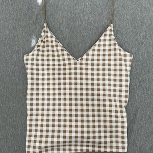 brown and white gingham bungee strap tank top